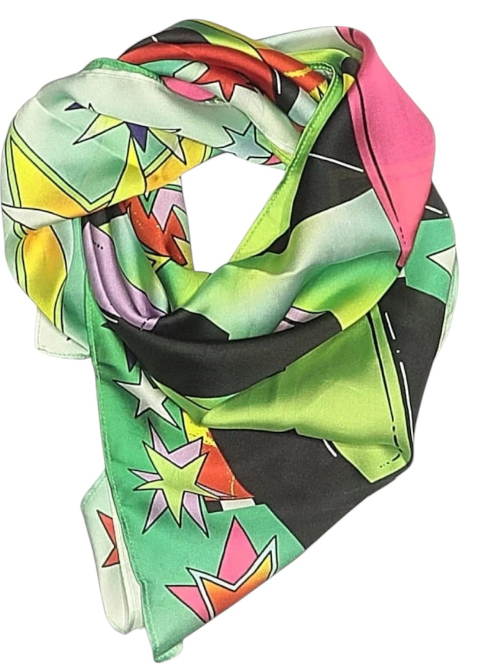 Colorful Star-Print Silk Scarf - Green Pink Multi